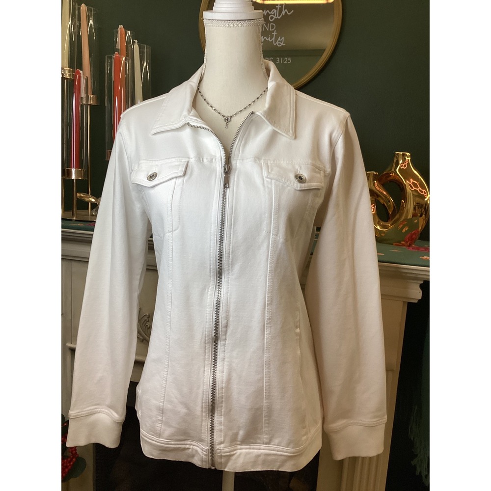 Denim & Co White Zip Front‎ Jacket Womens Size M Stretch Cotton